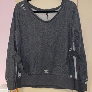 Distressed Heather Charcoal Black French Terry Open Sides with Bows Sweatshirt M